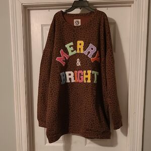 Tees2urdoor Brown Leopard Print Merry & Bright Sweatshirt Size 4xl